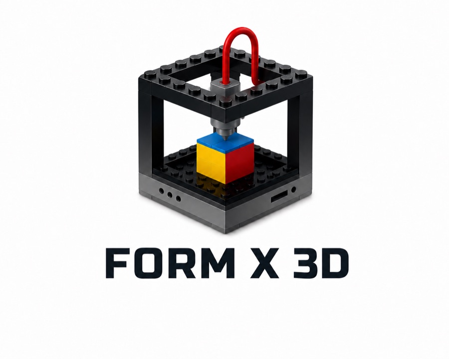 The FORM X 3D logo: a 3D printer built from interlocking bricks, printing a red, blue and yellow cube.